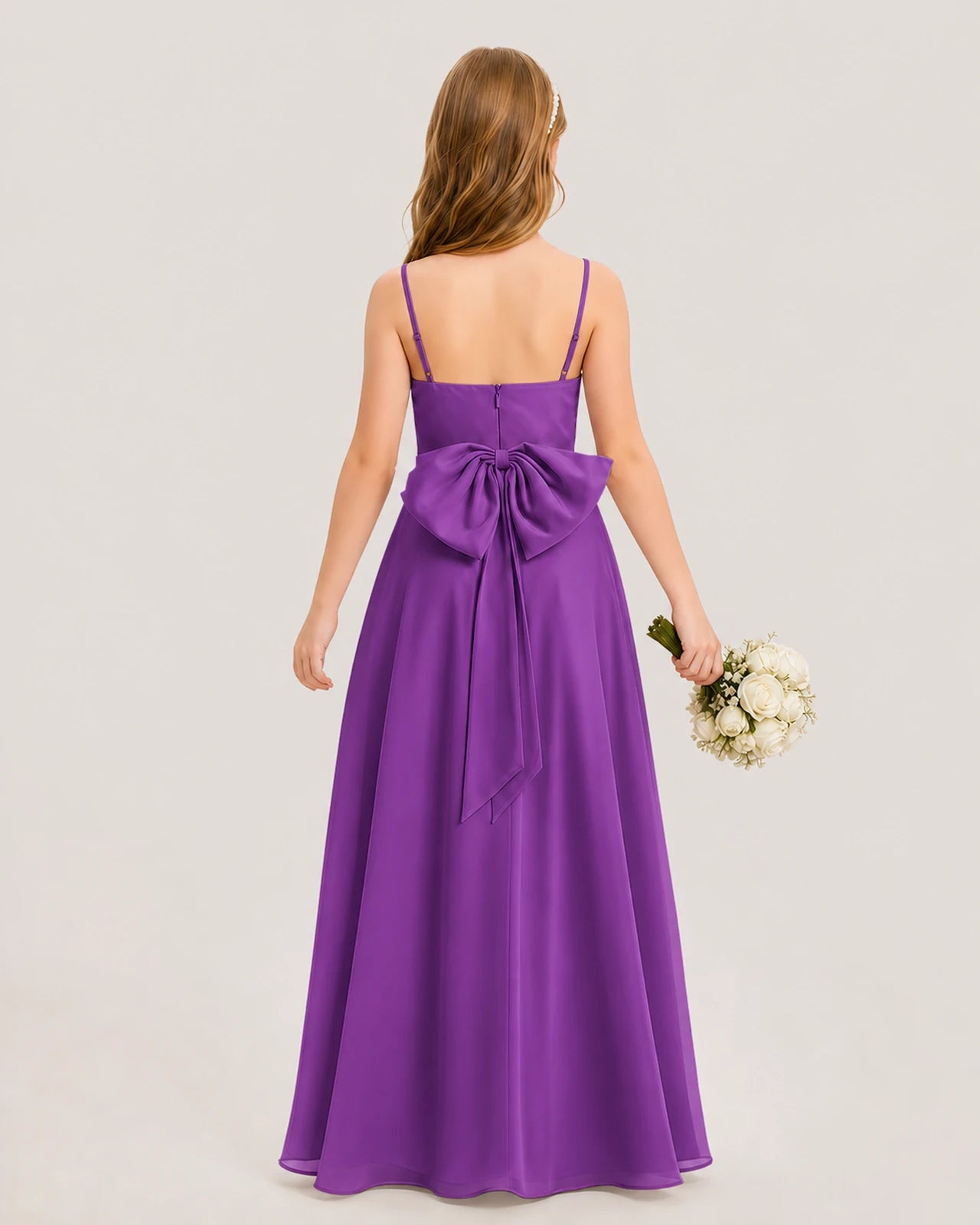 Dideyttawl Cowl Neck Chiffon Junior Bridesmaid Dress with Side Slit and Back Bow