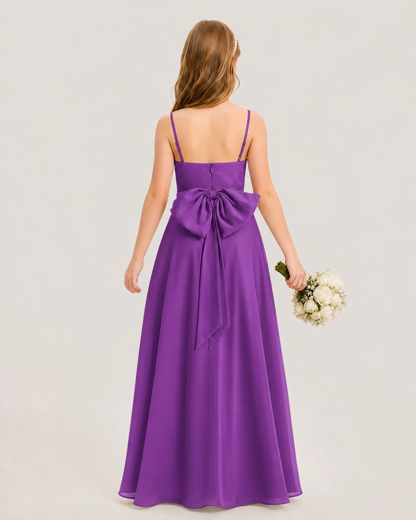 Purple Chiffon Spaghetti Strap Bow Junior Bridesmaid Dresses Back View