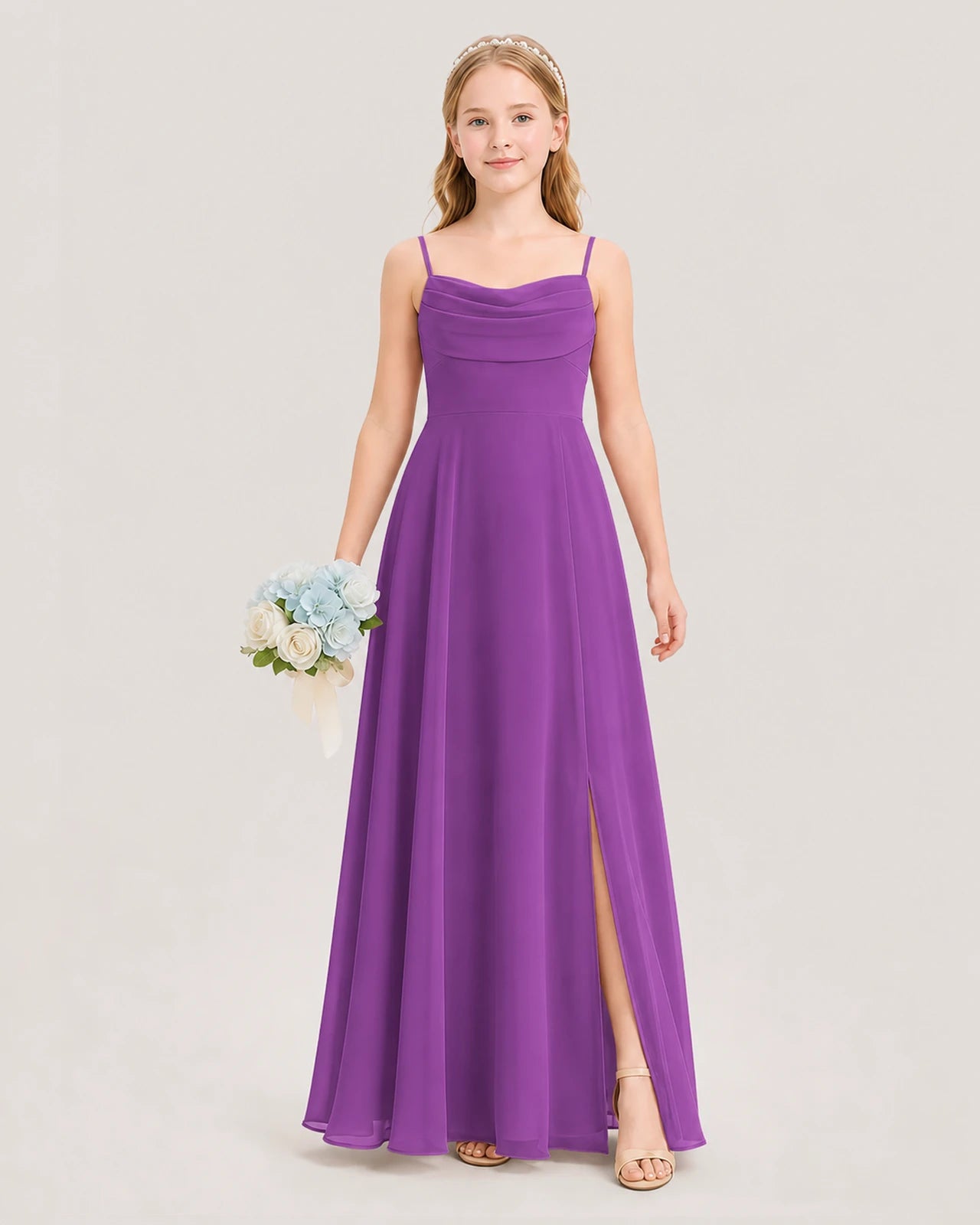 Dideyttawl Cowl Neck Chiffon Junior Bridesmaid Dress with Side Slit and Back Bow
