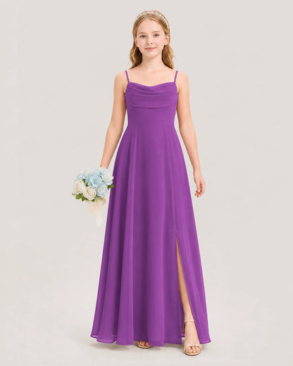 Dideyttawl Cowl Neck Chiffon Junior Bridesmaid Dress with Side Slit and Back Bow