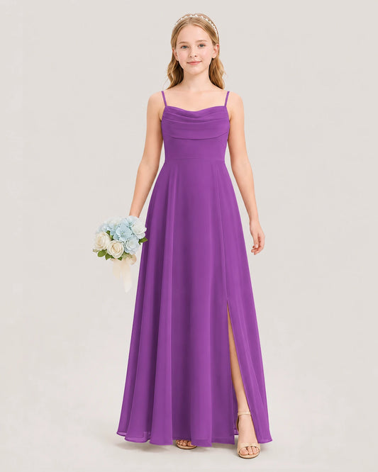 Purple Chiffon Cowl Neck Split Junior Bridesmaid Dress Front View