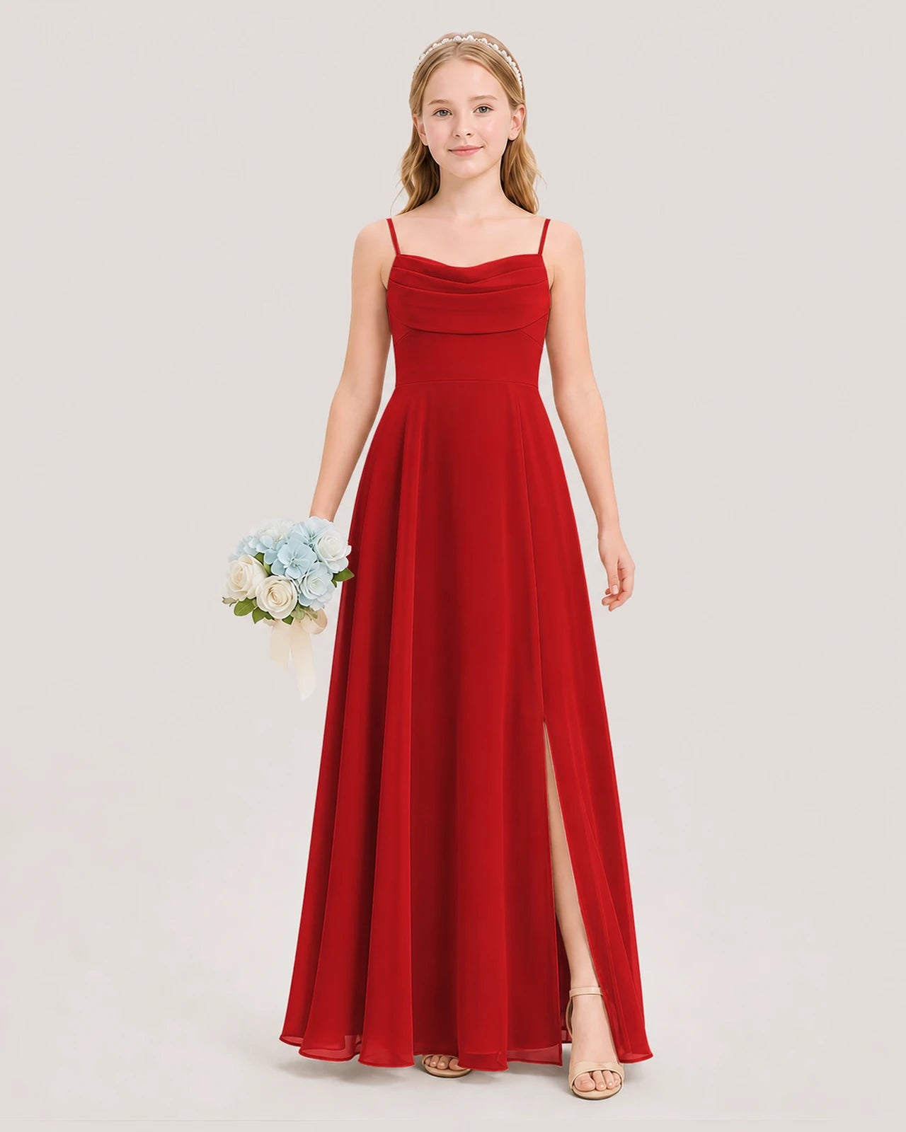 Dideyttawl Cowl Neck Chiffon Junior Bridesmaid Dress with Side Slit and Back Bow
