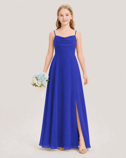 Dideyttawl Cowl Neck Chiffon Junior Bridesmaid Dress with Side Slit and Back Bow