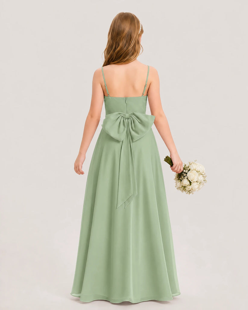 Sage Green Chiffon Bow-back A-line Junior Bridesmaid Dresses Back View