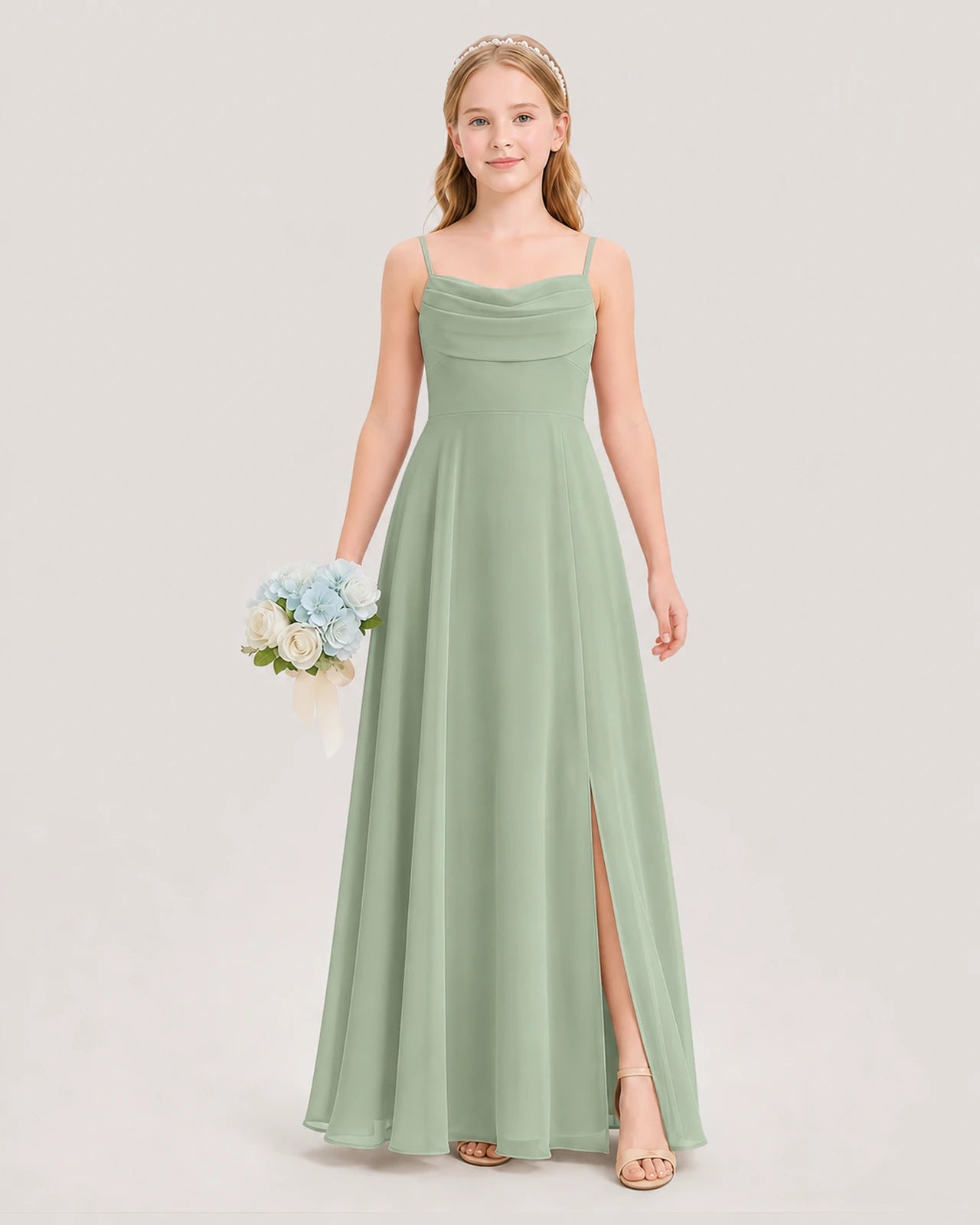 Dideyttawl Cowl Neck Chiffon Junior Bridesmaid Dress with Side Slit and Back Bow