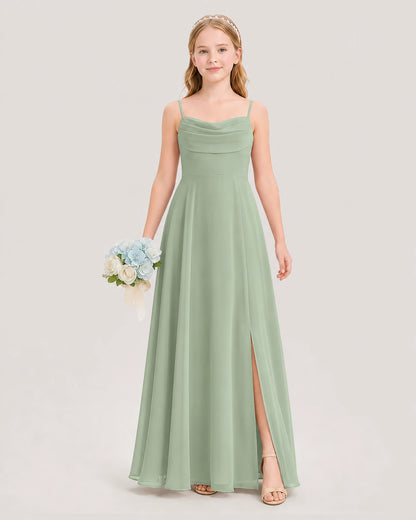 Dideyttawl Cowl Neck Chiffon Junior Bridesmaid Dress with Side Slit and Back Bow