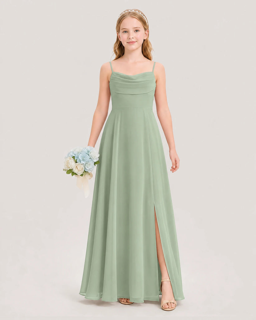 Sage Green Chiffon Cowl Neck A-Line Junior Bridesmaid Dresses Front View