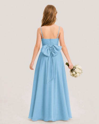 Dideyttawl Cowl Neck Chiffon Junior Bridesmaid Dress with Side Slit and Back Bow
