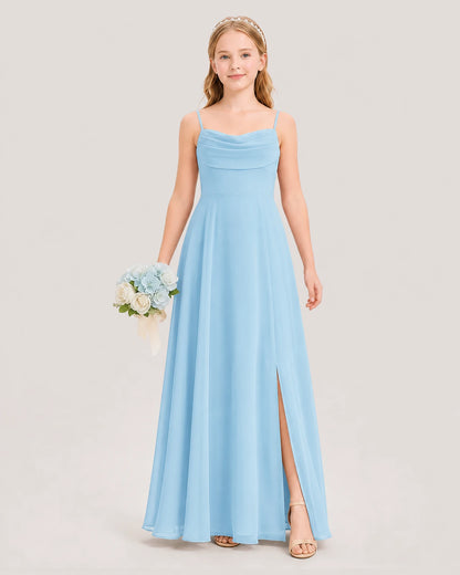 Dideyttawl Cowl Neck Chiffon Junior Bridesmaid Dress with Side Slit and Back Bow