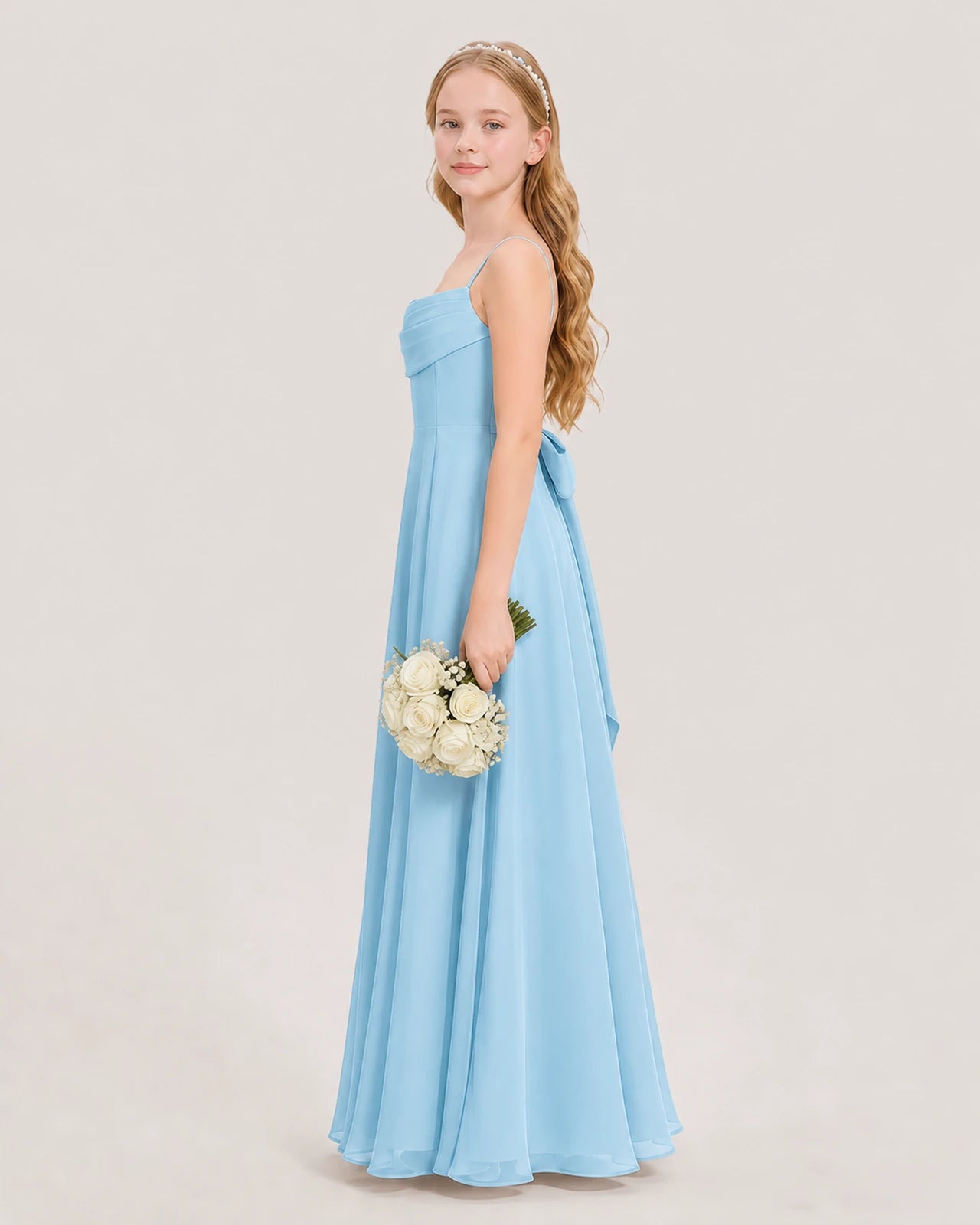 Dideyttawl Cowl Neck Chiffon Junior Bridesmaid Dress with Side Slit and Back Bow