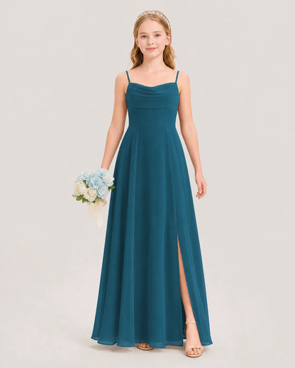 Dideyttawl Cowl Neck Chiffon Junior Bridesmaid Dress with Side Slit and Back Bow