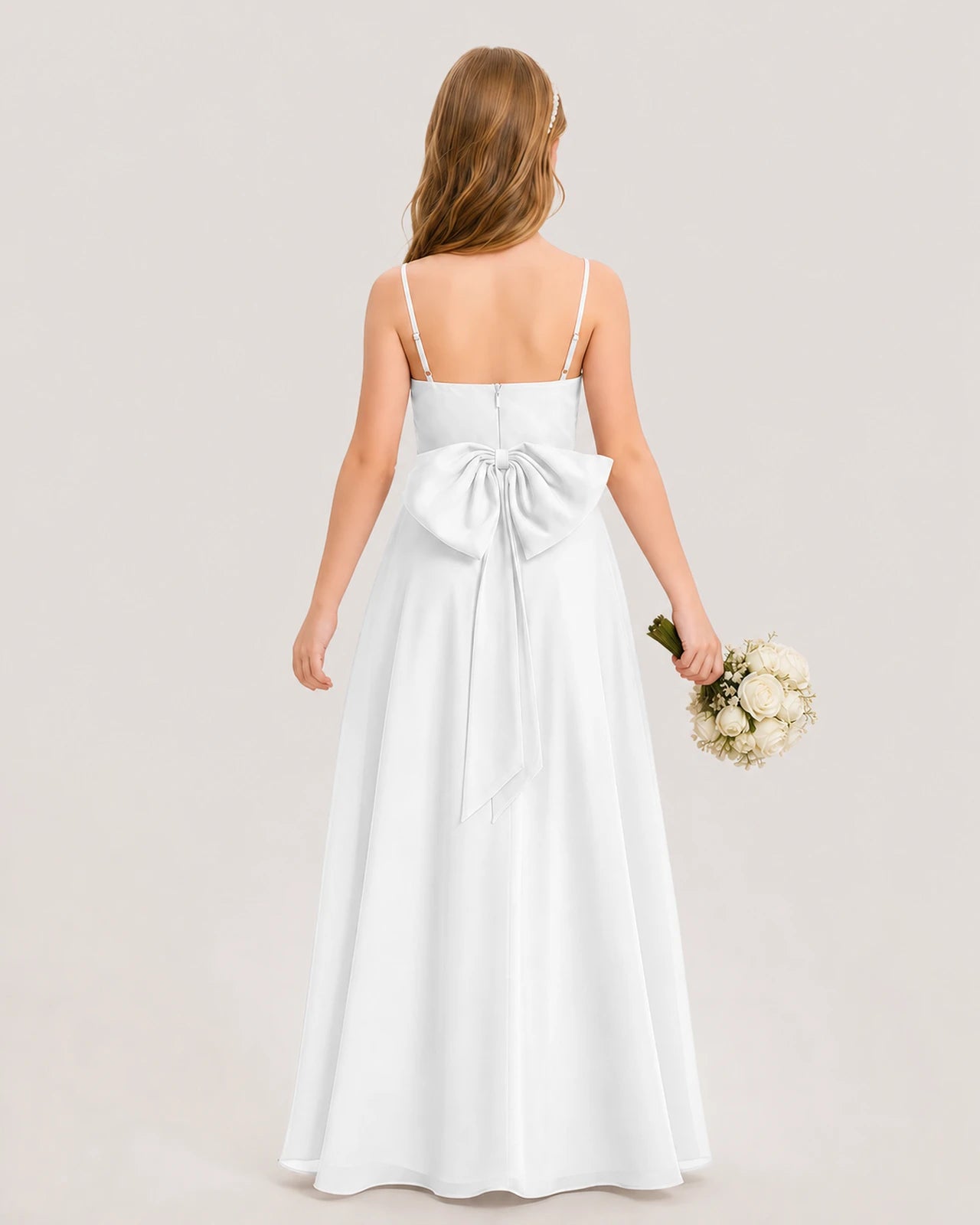 Dideyttawl Cowl Neck Chiffon Junior Bridesmaid Dress with Side Slit and Back Bow