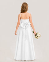 White chiffon slip junior bridesmaid dress with bow back view