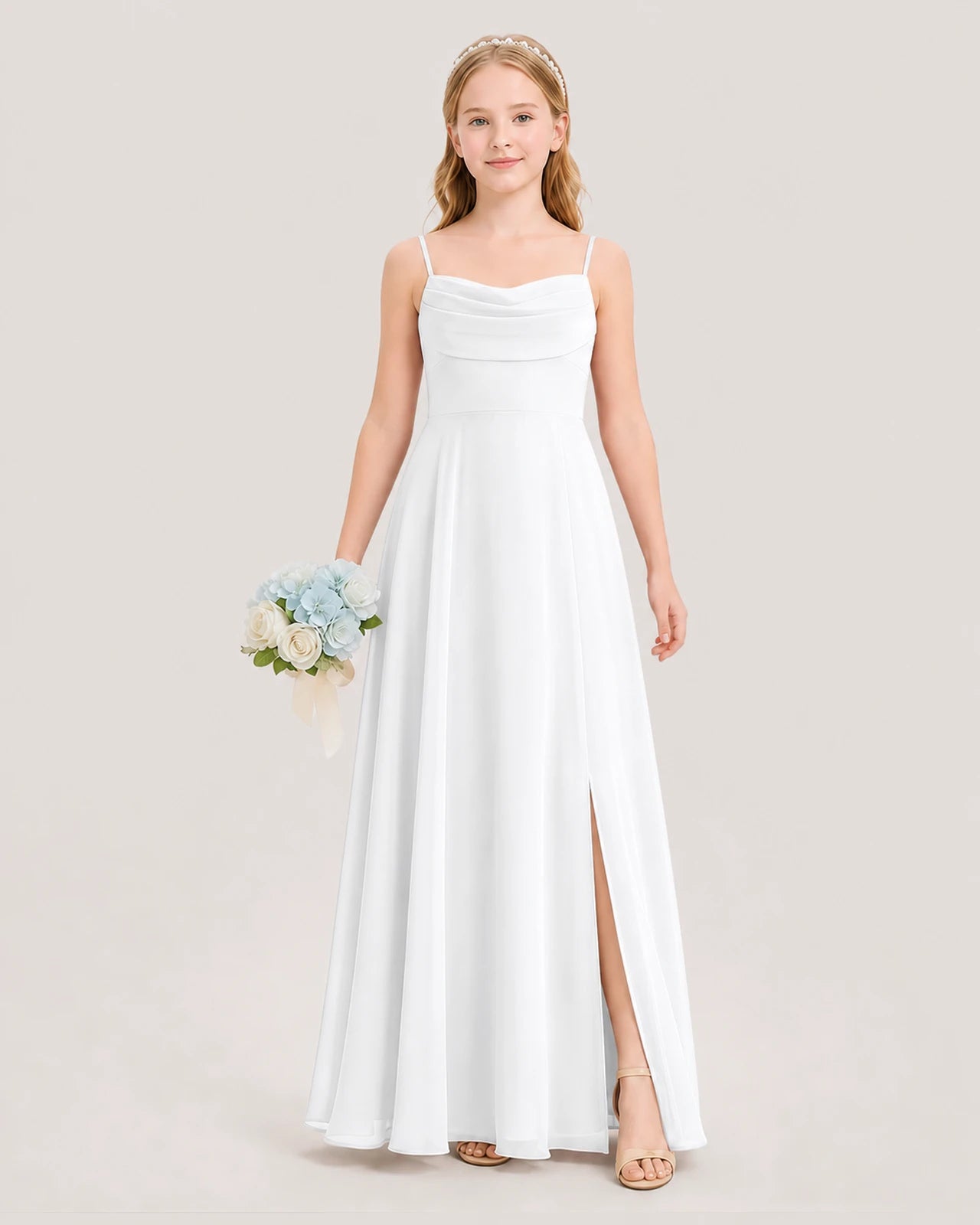 Dideyttawl Cowl Neck Chiffon Junior Bridesmaid Dress with Side Slit and Back Bow