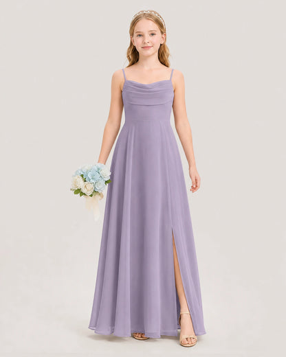 Dideyttawl Cowl Neck Chiffon Junior Bridesmaid Dress with Side Slit and Back Bow