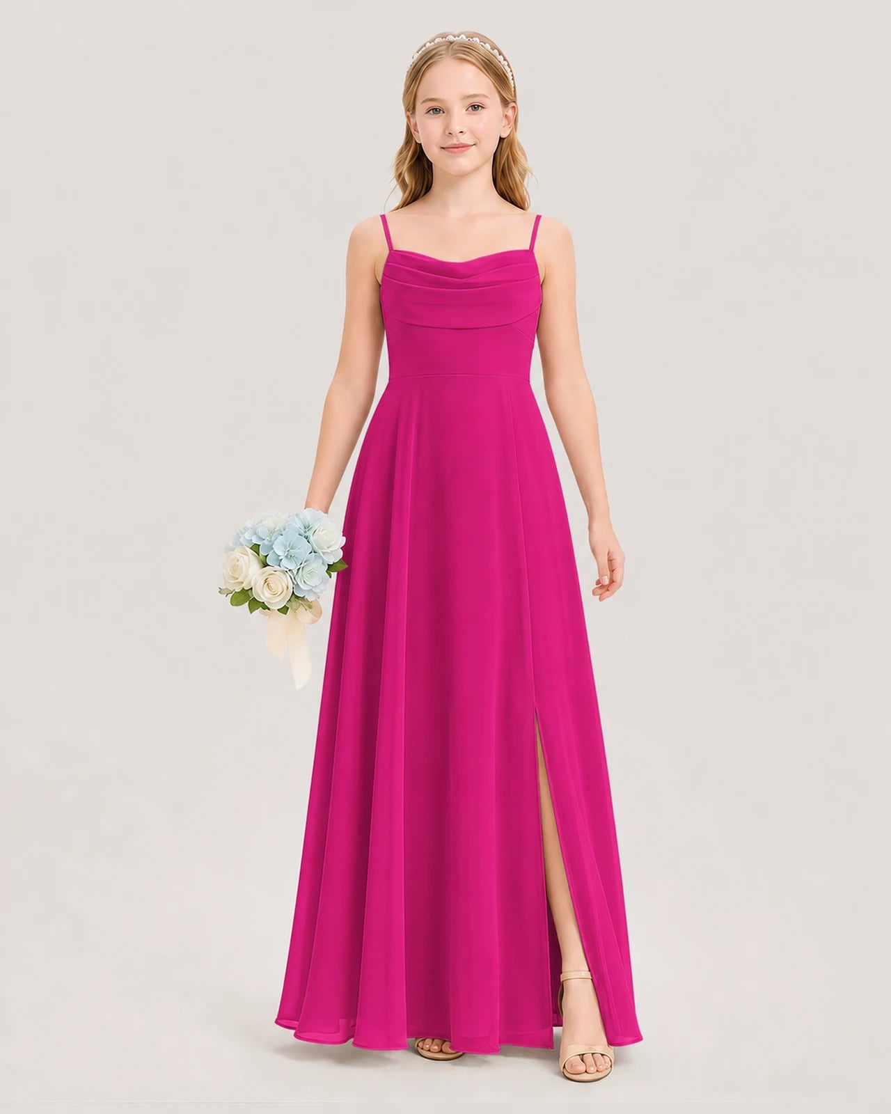 Dideyttawl Cowl Neck Chiffon Junior Bridesmaid Dress with Side Slit and Back Bow