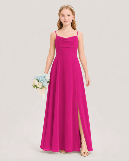 Dideyttawl Cowl Neck Chiffon Junior Bridesmaid Dress with Side Slit and Back Bow