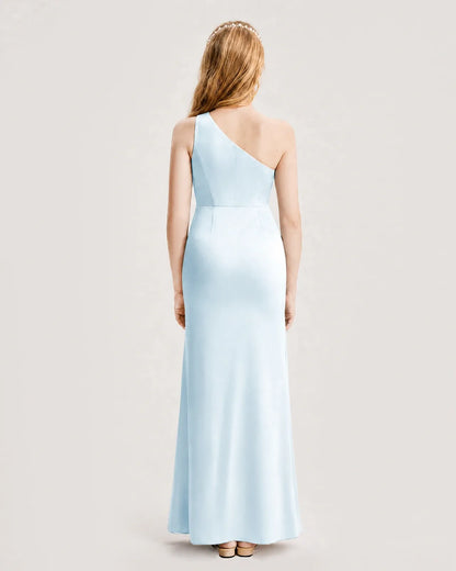 Baby Blue Satin A-line Junior Bridesmaid Dress Back View