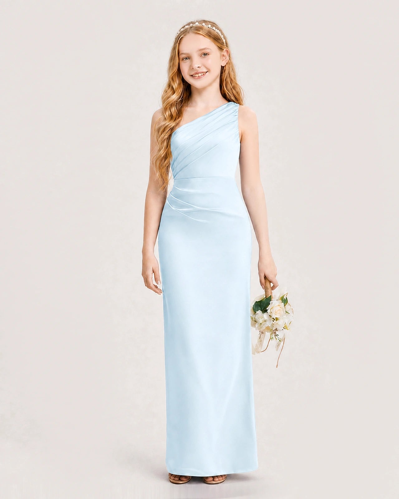 Dideyttawl Satin Junior Bridesmaid Dress with Ruched One-Shoulder
