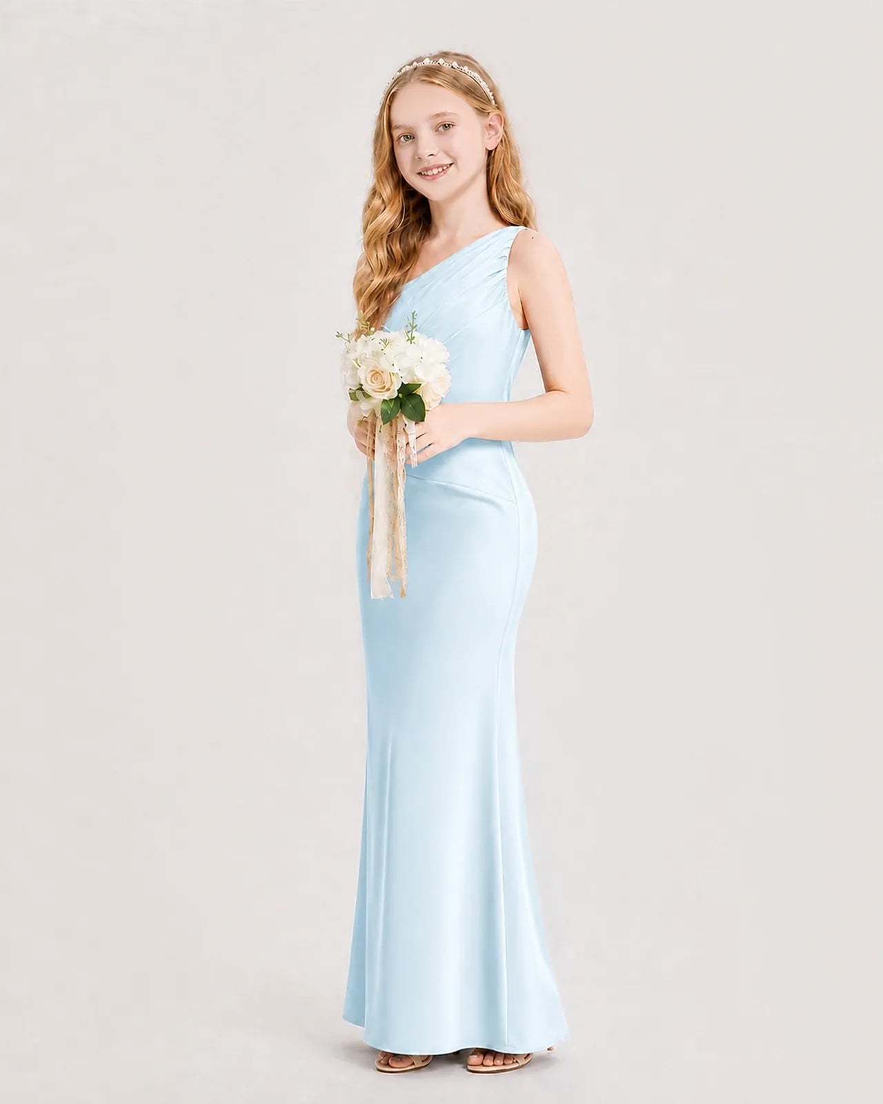 Baby Blue Satin Sheath Junior Bridesmaid Dress Side View