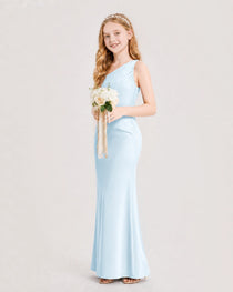 Dideyttawl Satin Junior Bridesmaid Dress with Ruched One-Shoulder
