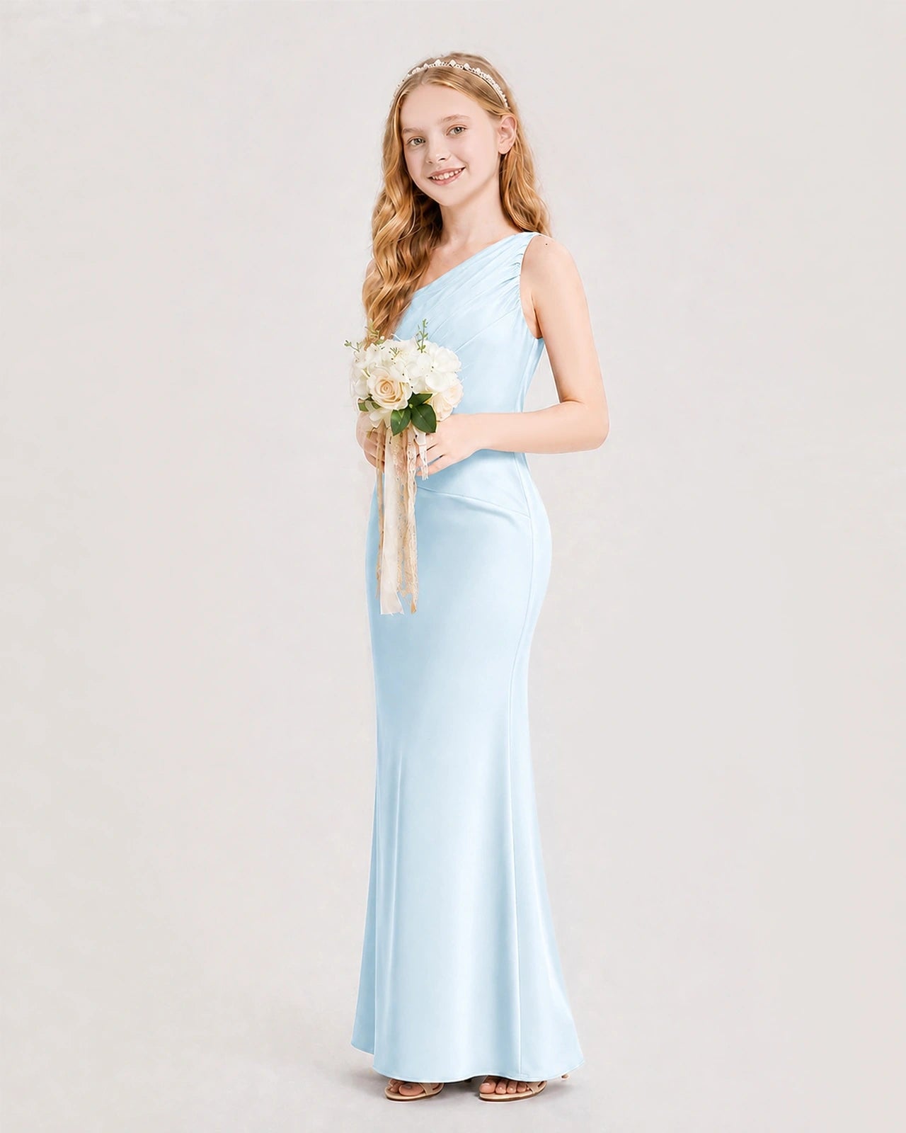 Dideyttawl Satin Junior Bridesmaid Dress with Ruched One-Shoulder