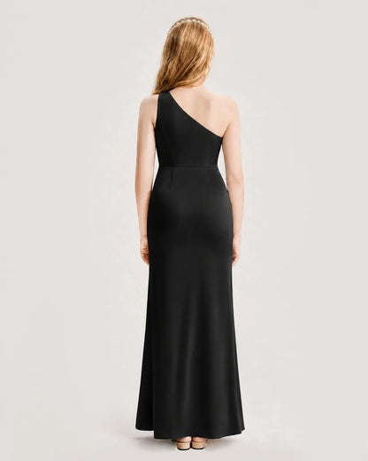 Black Satin A-line Junior Bridesmaid Dress Back View
