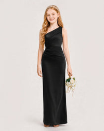 Dideyttawl Satin Junior Bridesmaid Dress with Ruched One-Shoulder