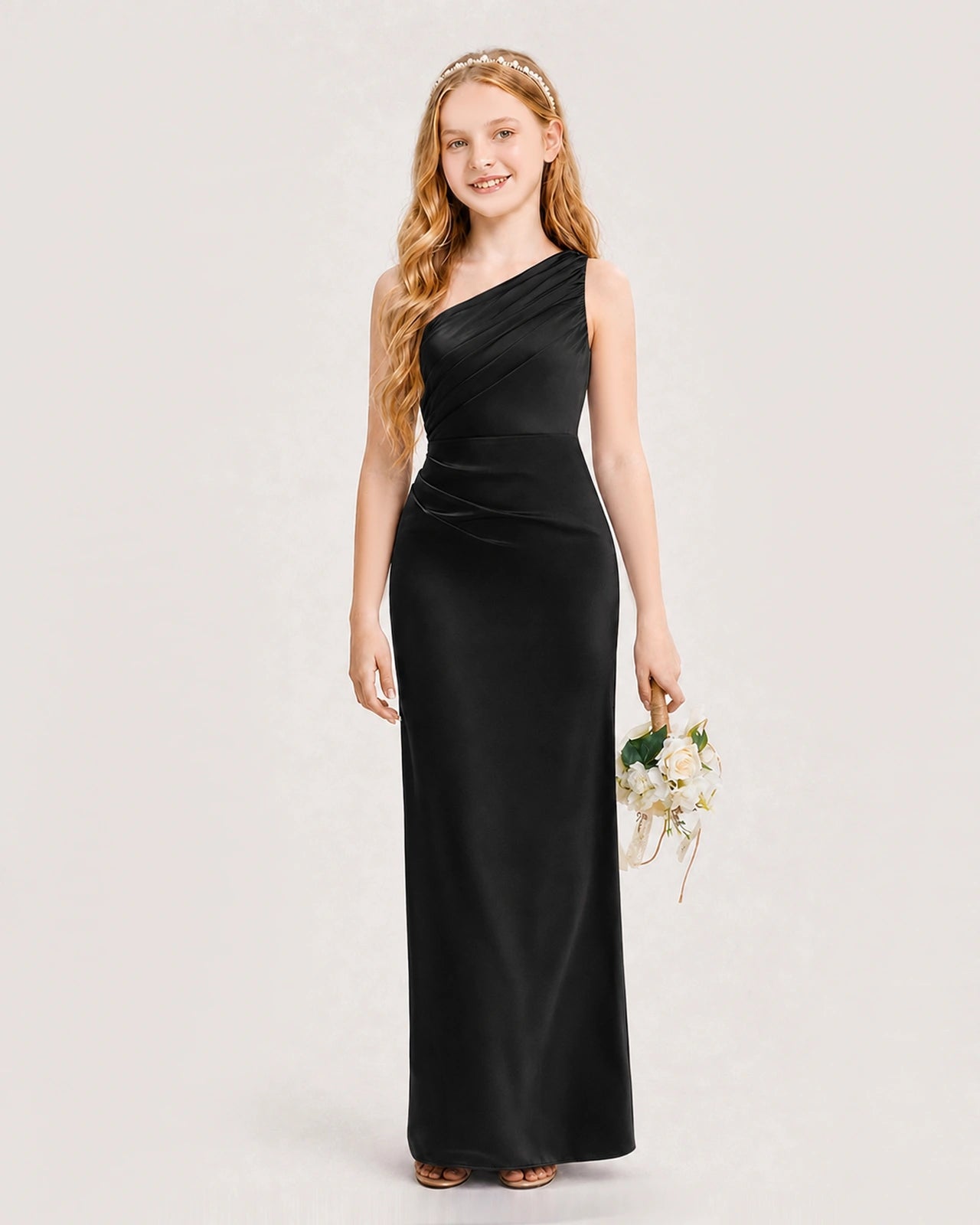 Dideyttawl Satin Junior Bridesmaid Dress with Ruched One-Shoulder