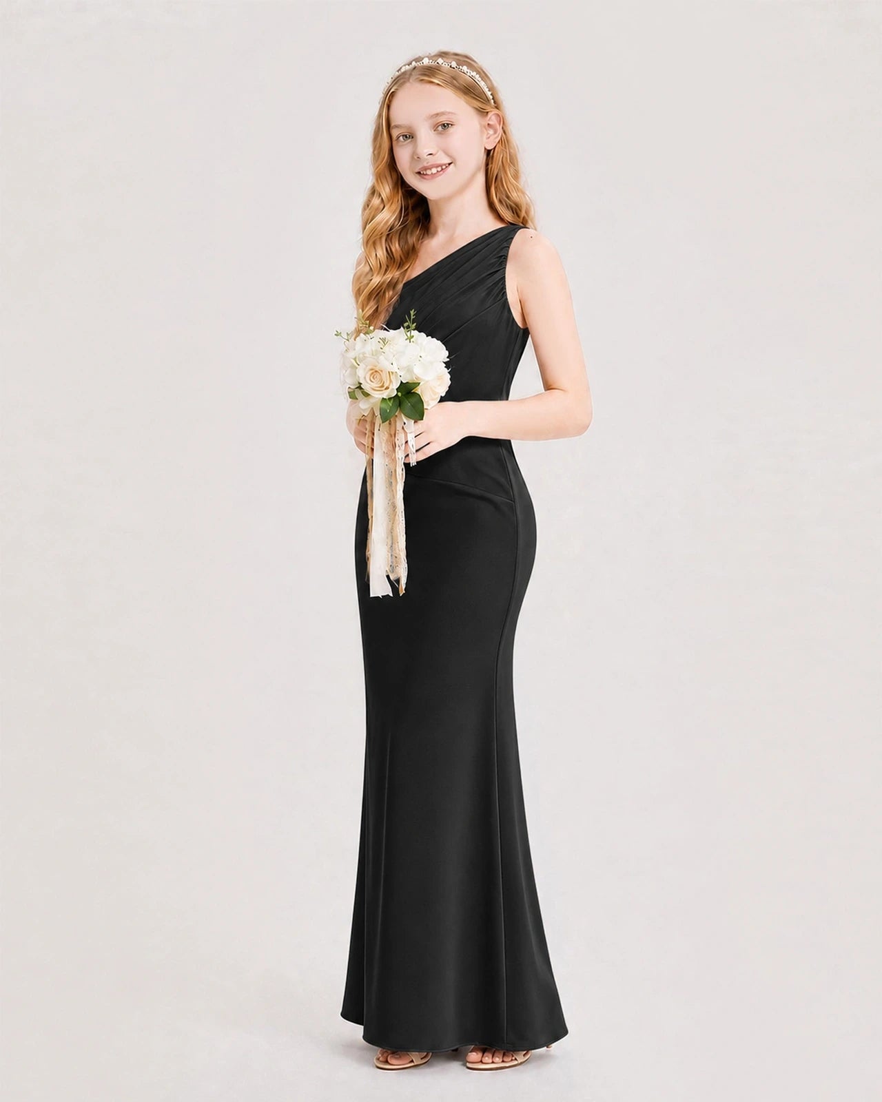 Dideyttawl Satin Junior Bridesmaid Dress with Ruched One-Shoulder