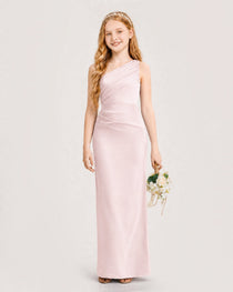 Dideyttawl Satin Junior Bridesmaid Dress with Ruched One-Shoulder