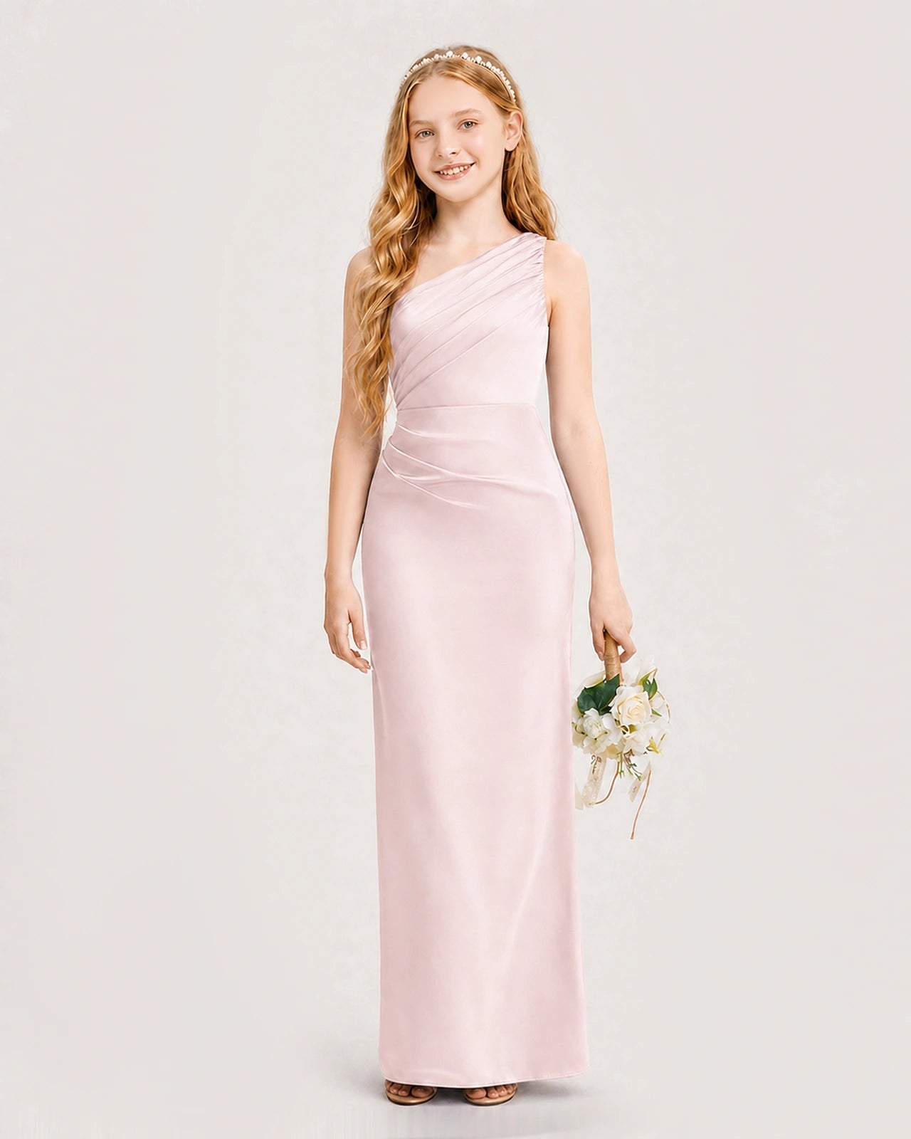 Dideyttawl Satin Junior Bridesmaid Dress with Ruched One-Shoulder