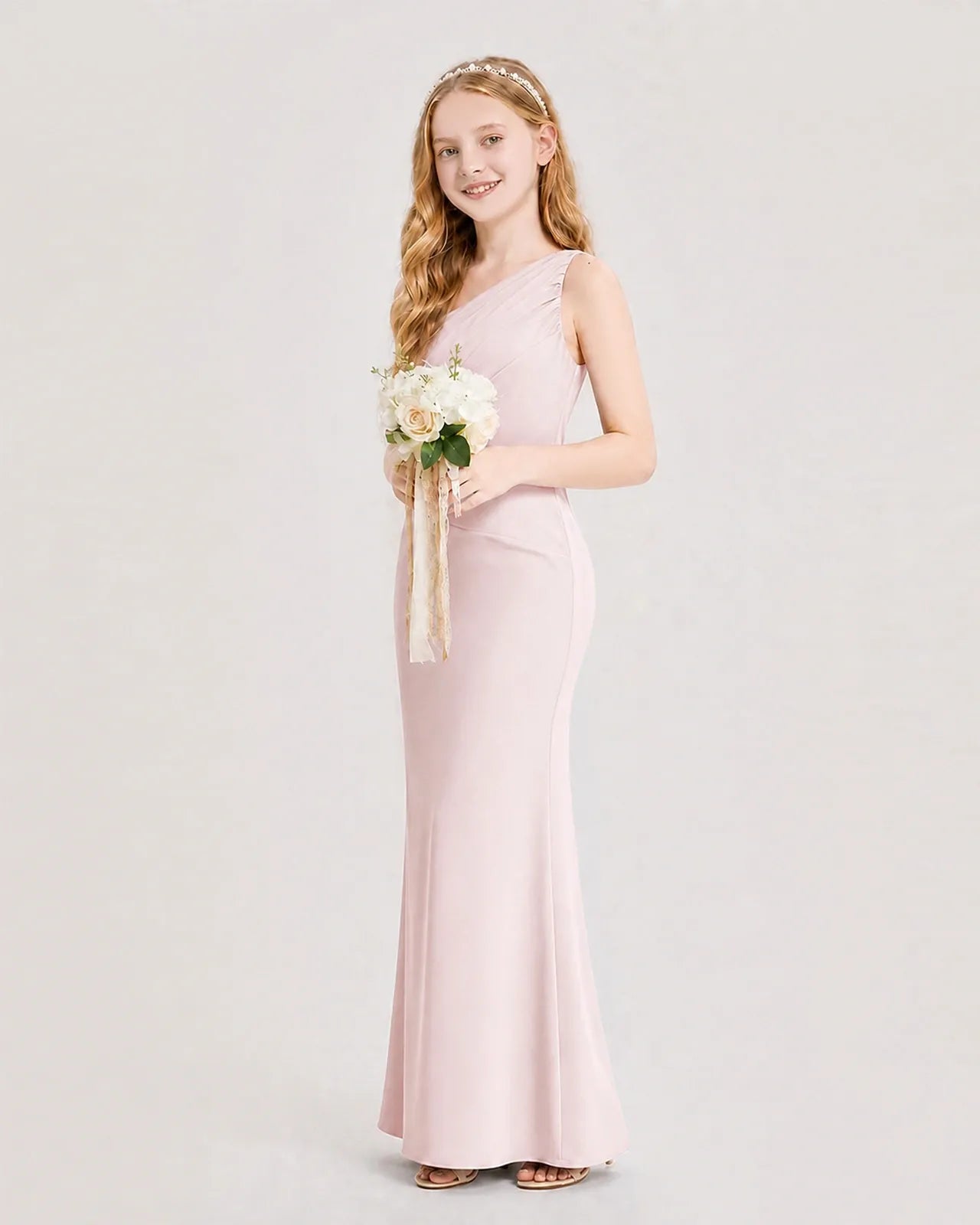 Blush Pink Satin A-line Junior Bridesmaid Dress Side View