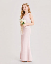 Dideyttawl Satin Junior Bridesmaid Dress with Ruched One-Shoulder
