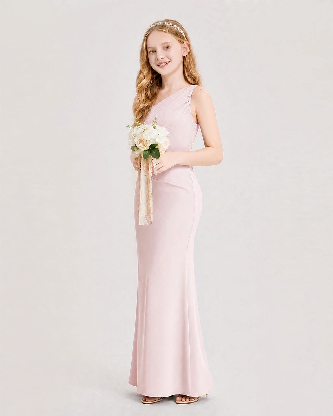 Dideyttawl Satin Junior Bridesmaid Dress with Ruched One-Shoulder