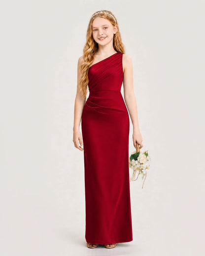 Burgundy Satin A-line Junior Bridesmaid Dress Front View