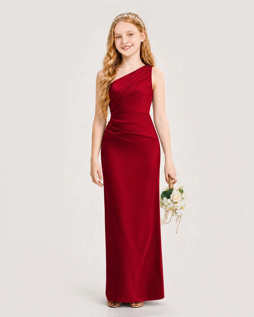 Burgundy Satin A-line Junior Bridesmaid Dress Front View