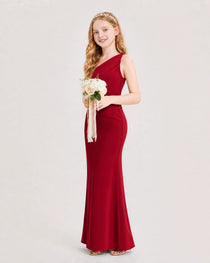 Dideyttawl Satin Junior Bridesmaid Dress with Ruched One-Shoulder