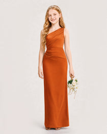 Dideyttawl Satin Junior Bridesmaid Dress with Ruched One-Shoulder