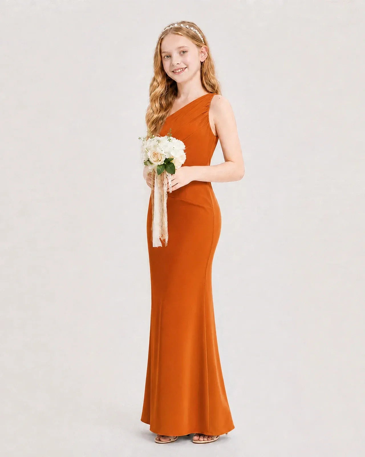Burnt Orange Satin Sheath Junior Bridesmaid Dress Side View
