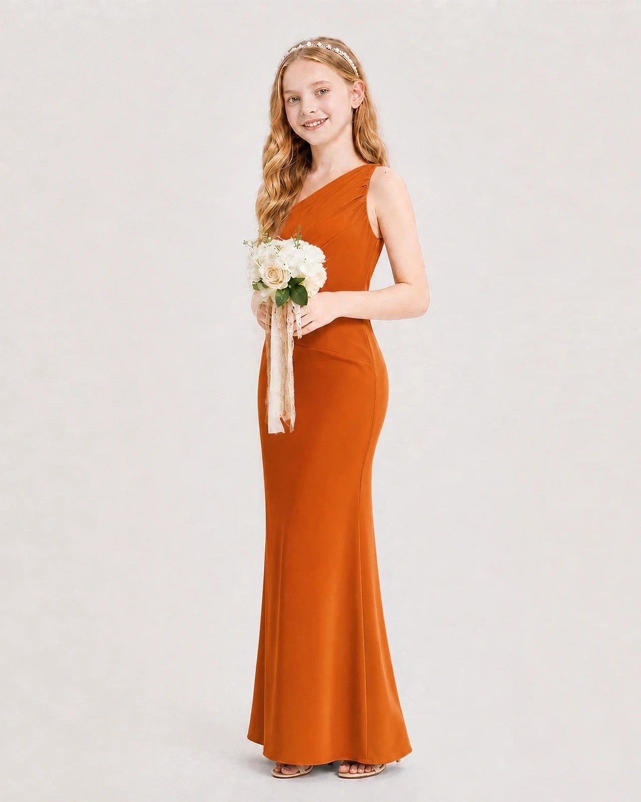 Dideyttawl Satin Junior Bridesmaid Dress with Ruched One-Shoulder