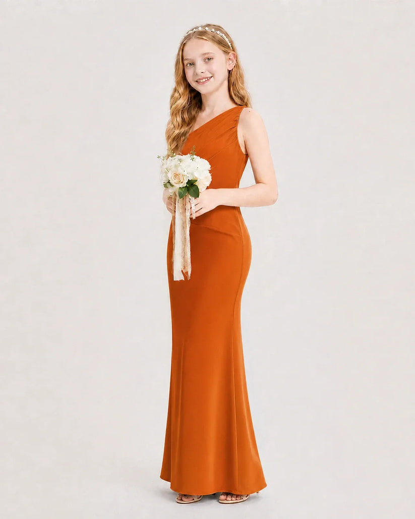 Burnt Orange Satin Sheath Junior Bridesmaid Dress Side View
