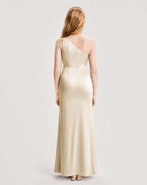 Dideyttawl Satin Junior Bridesmaid Dress with Ruched One-Shoulder
