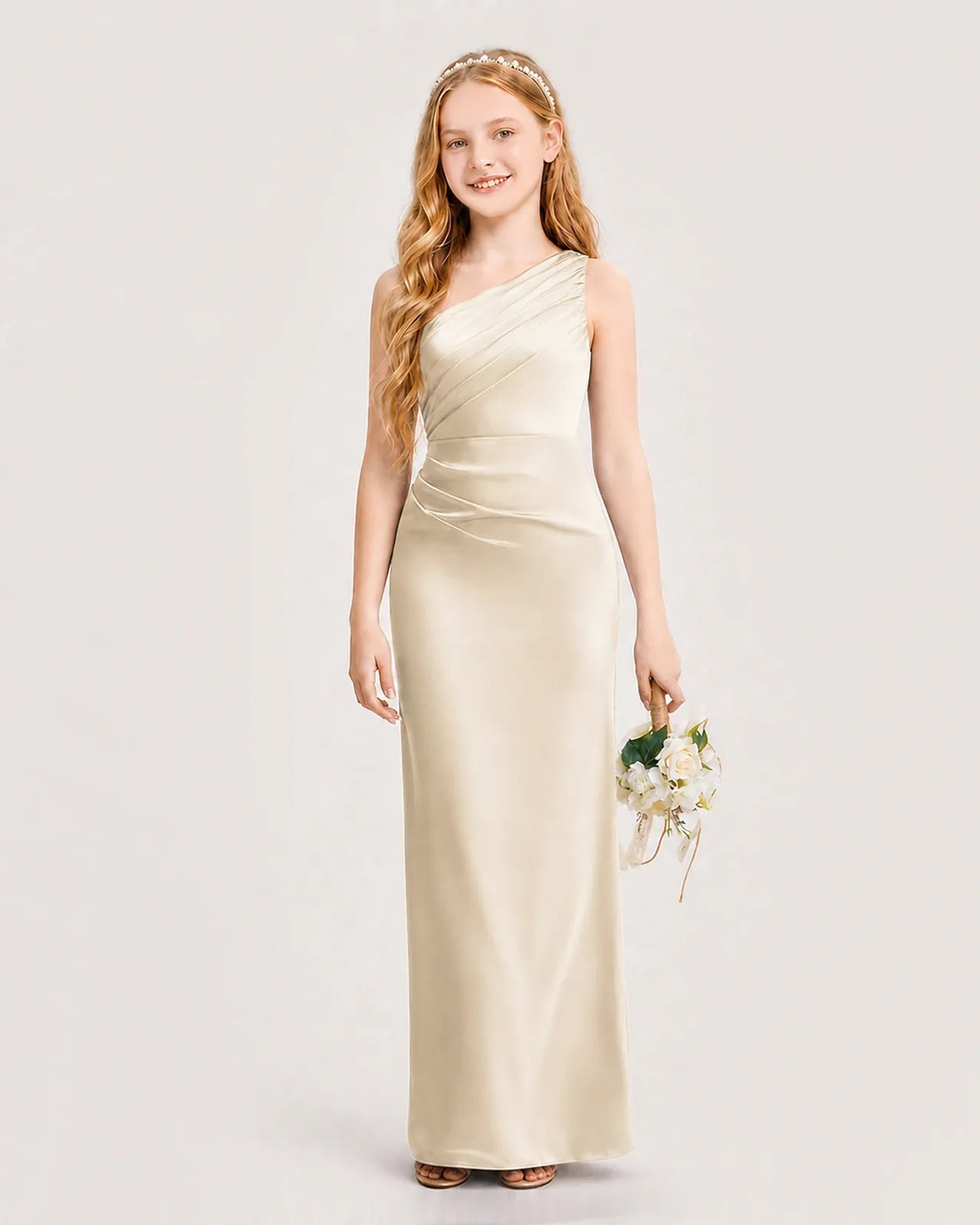 Champagne Satin Sheath Junior Bridesmaid Dress Front View