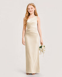 Dideyttawl Satin Junior Bridesmaid Dress with Ruched One-Shoulder