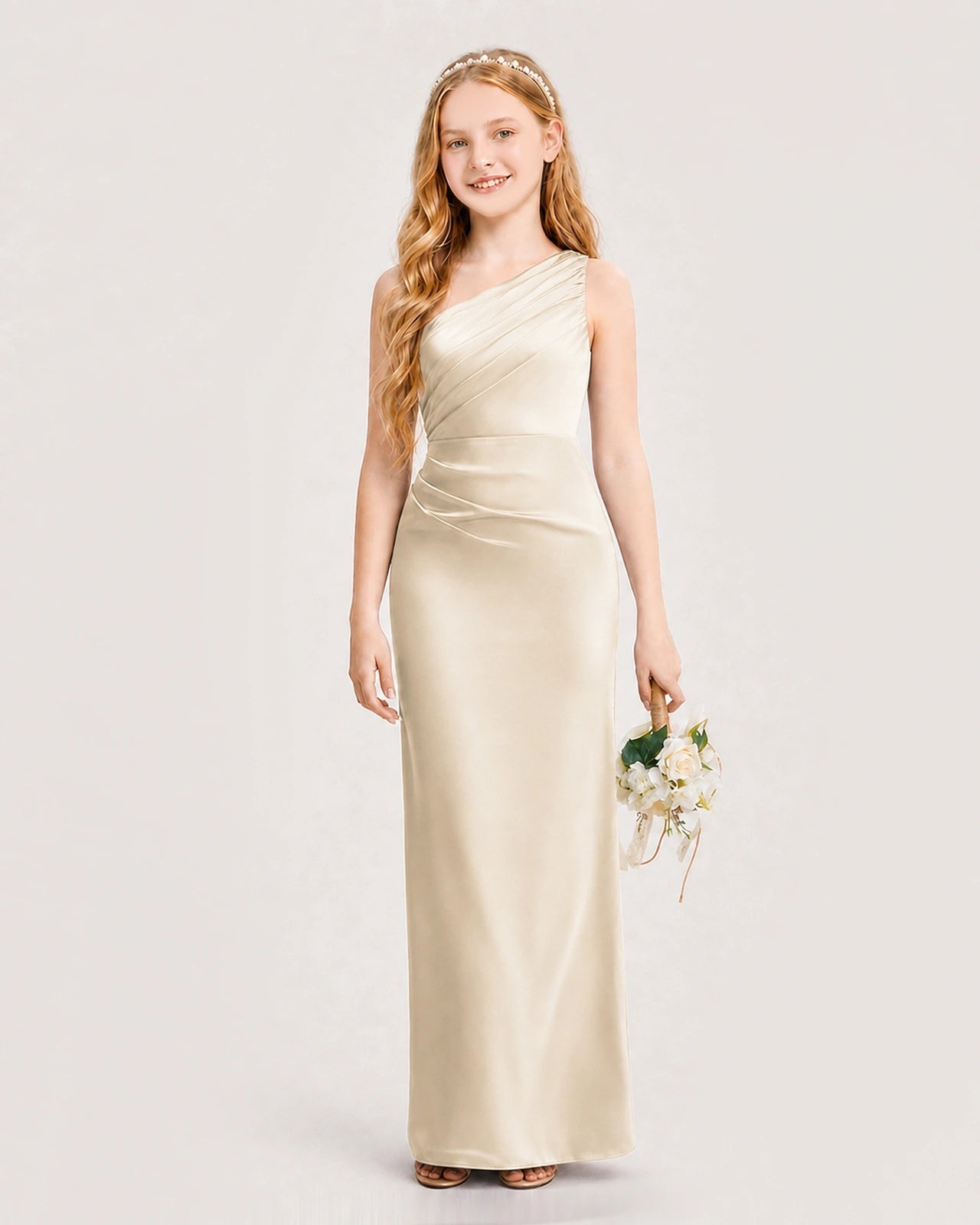 Dideyttawl Satin Junior Bridesmaid Dress with Ruched One-Shoulder