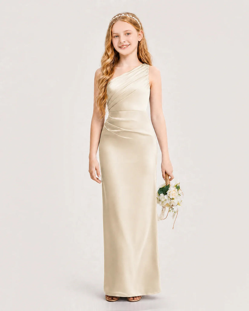 Champagne Satin Sheath Junior Bridesmaid Dress Front View