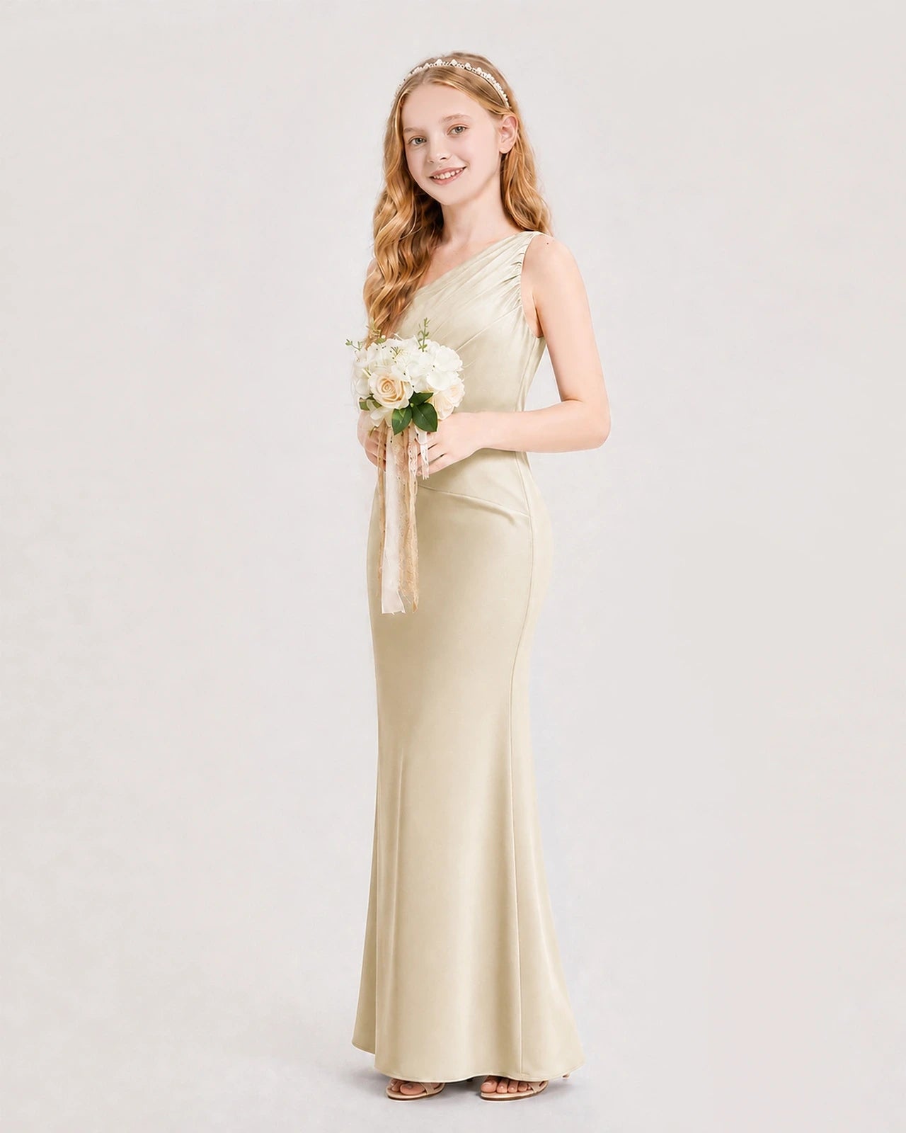 Dideyttawl Satin Junior Bridesmaid Dress with Ruched One-Shoulder