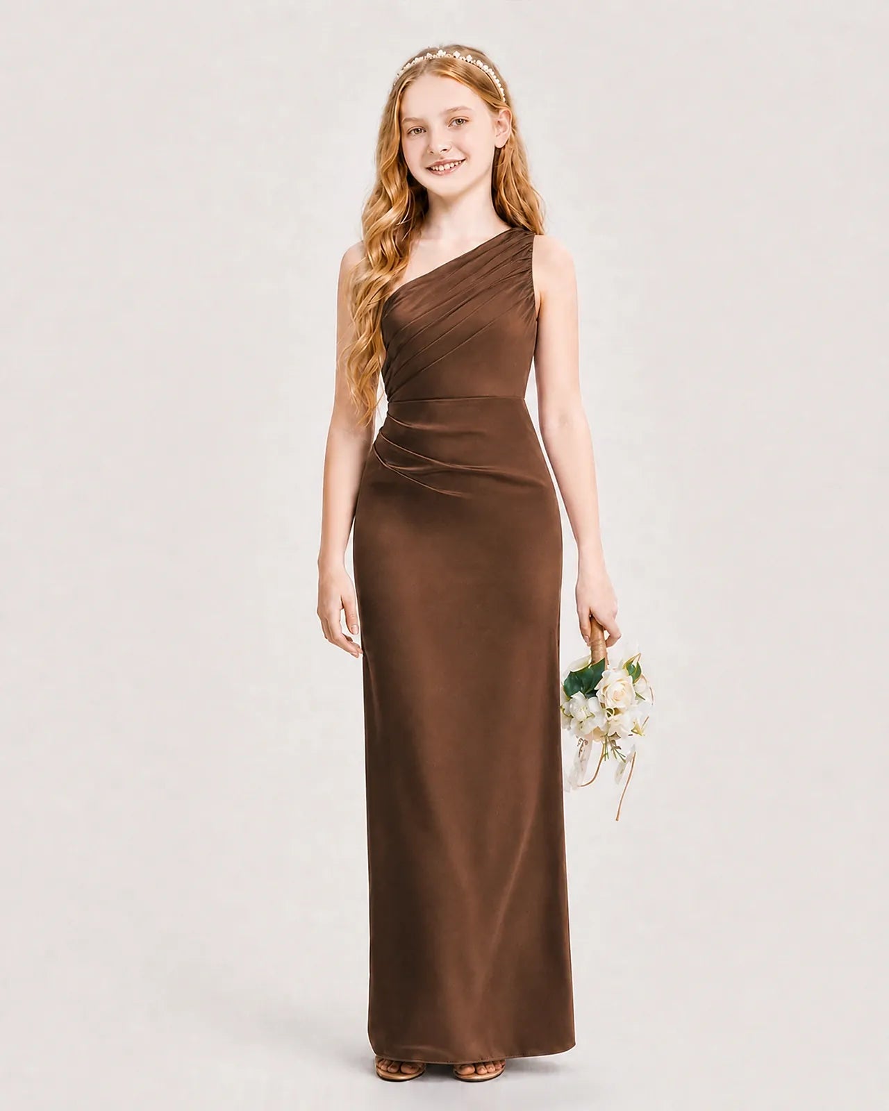 Chocolate Satin A-line Junior Bridesmaid Dress Front View
