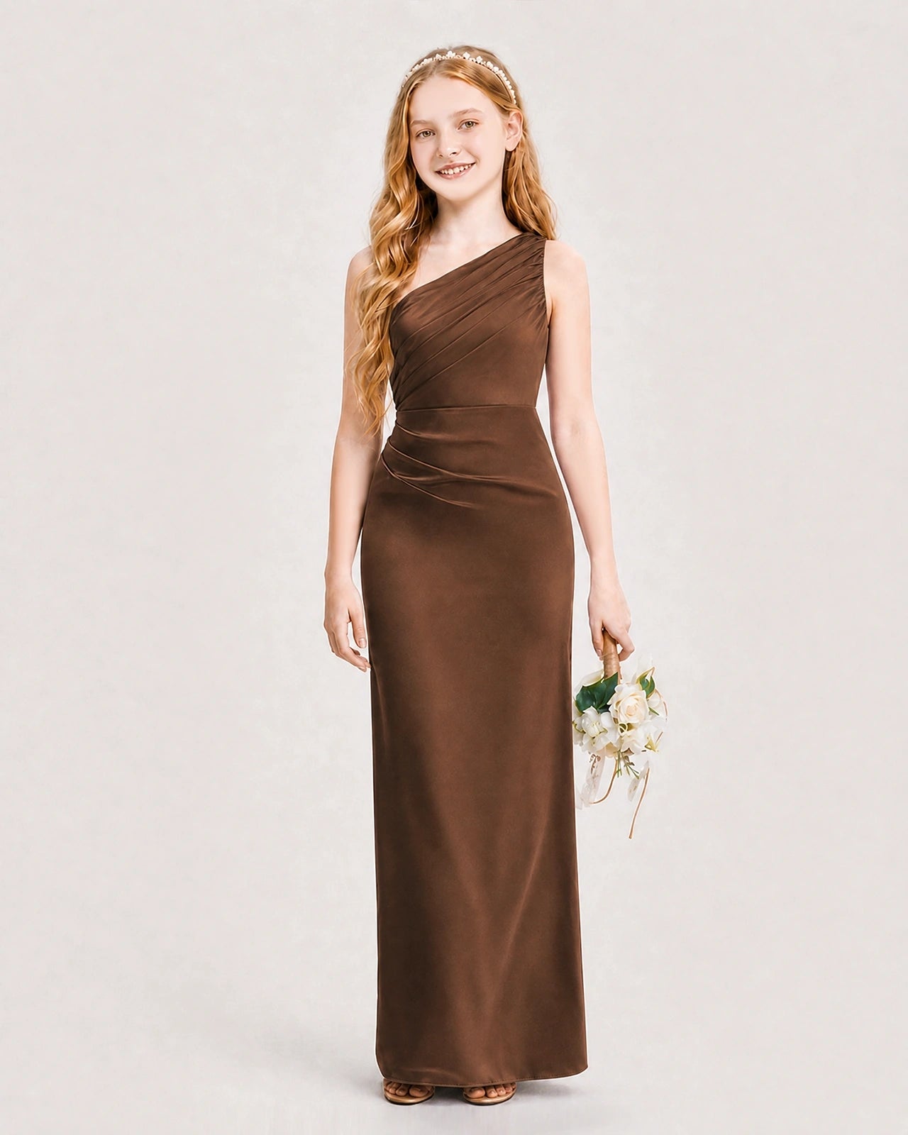 Dideyttawl Satin Junior Bridesmaid Dress with Ruched One-Shoulder